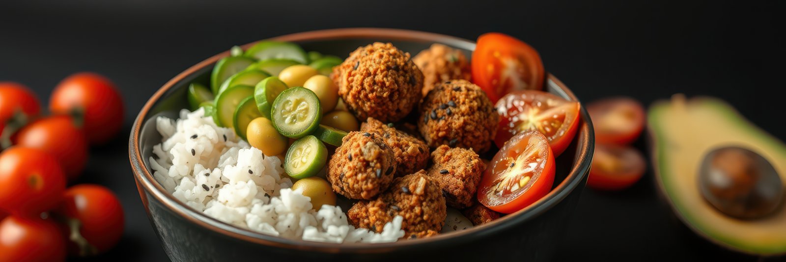 Delicious bowl of rice topped with crispy chickpea balls, fresh vegetables, and cherry tomatoes for a healthy meal